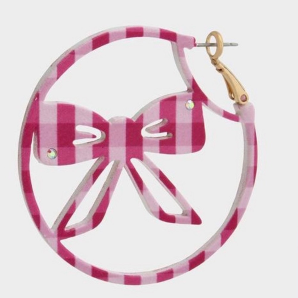 Betsy Johnson Pink & White Gingham Bow Delicate Rhinestones Hoop Earring NWT
